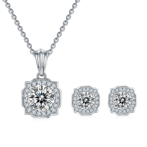 2.37Ct.t.w Round Brilliant Belle Halo Necklace Earrings Set