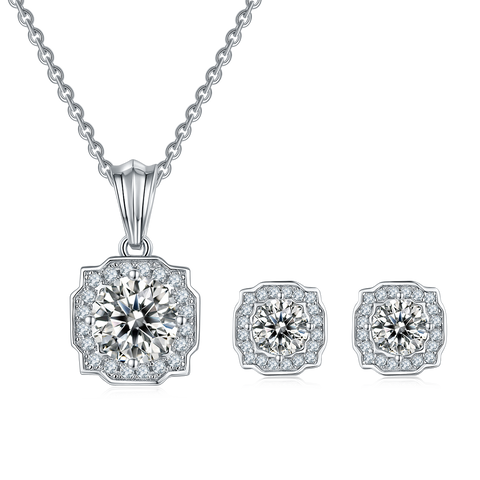 18K Gold Plated S925 Belle Halo Moissanite Diamond Necklace Earrings Jewelry Set