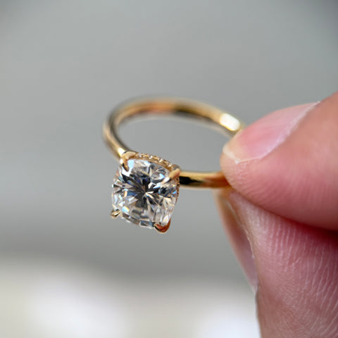 Elongated Cushion Cut Engagement Ring with Hidden Halo