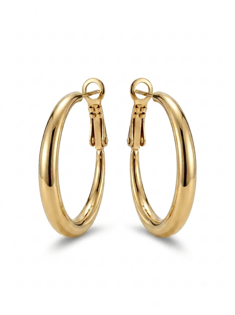 A pair of polished yellow gold hoop earrings with a thick, rounded profile and secure omega back closures, shown on a clean white background.