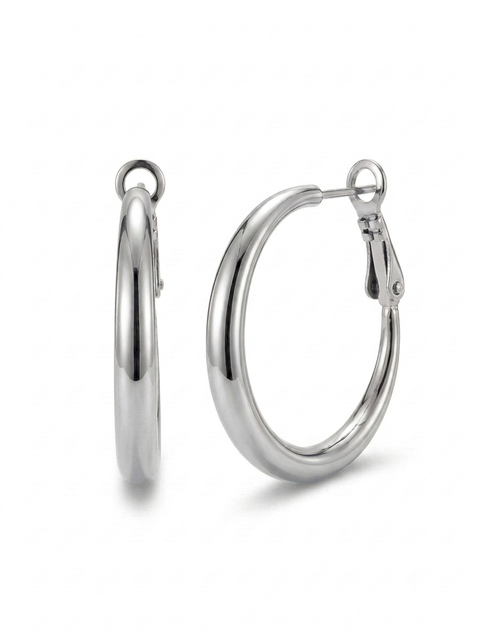 A pair of polished silver hoop earrings shown on a clean white background, with one earring facing forward and the other in profile.