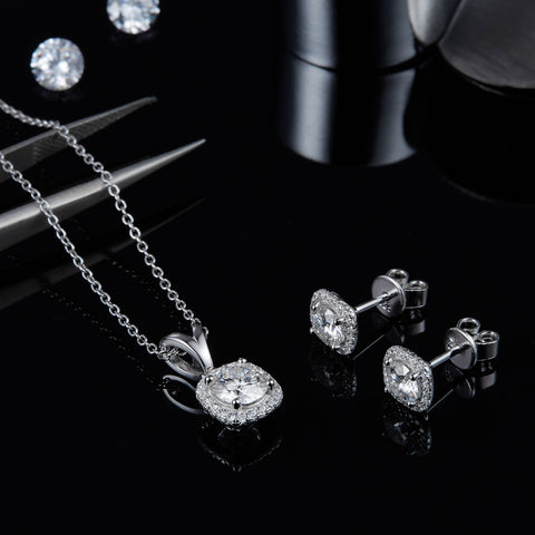 Morgan Square Halo Diamond Necklace Earrings Jewelry Set