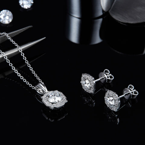 Belle Halo Diamond Necklace Earrings Jewelry Set