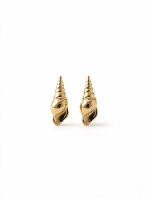 A pair of gold auger shell stud earrings, photographed on a clean white background.