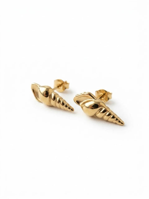 A pair of gold auger shell stud earrings, photographed on a clean white background.