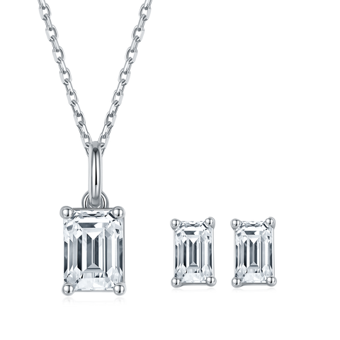 2Ct.t.w Emerald Cut Solitaire Necklace Earrings Set