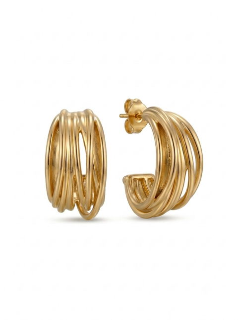 A pair of gold hoop earrings with a multi-strand twisted design, shown from both front and side angles on a clean white background.