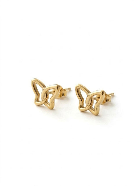 A pair of gold-toned butterfly stud earrings with an openwork, interlocking butterfly design, shown on a clean white background.