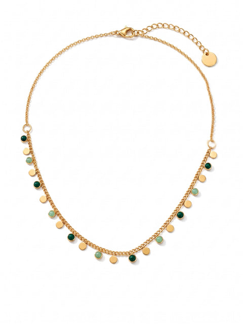 A delicate gold chain necklace featuring small gold disc charms and alternating dark green and light mint green bead accents, displayed on a clean white background.