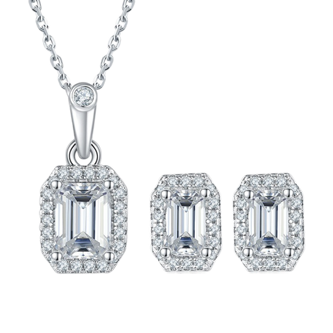 2.37 Ct.t.w Emerald Cut Halo Necklace Earrings Set