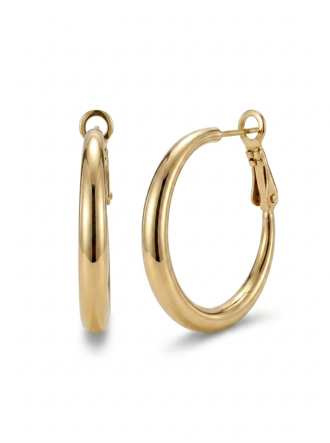 A pair of polished gold hoop earrings shown on a clean white background, with one earring standing upright in side view and the other angled to show the latch closure.