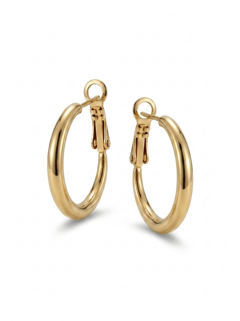 A pair of polished gold hoop earrings with omega backing, displayed on a clean white background.