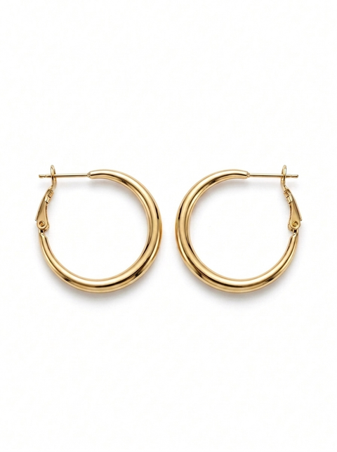 A pair of polished gold-tone hoop earrings with omega back closures, displayed on a clean white background.
