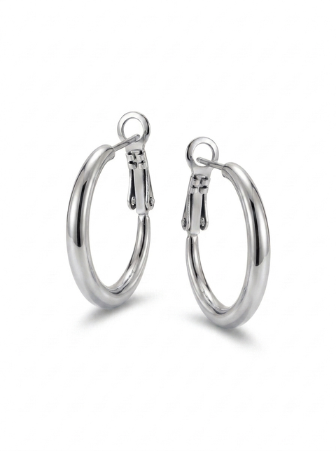 A pair of polished silver hoop earrings with secure omega-back closures, shown on a clean white background.