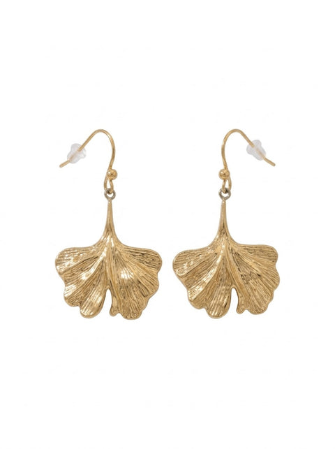 A pair of gold-toned dangle earrings shaped like textured ginkgo leaves, shown on a plain white background.