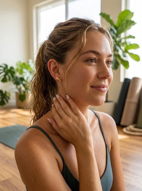 A woman in a dark gray athletic tank top poses indoors near a window, touching her neck. She is wearing a small gold Auger Shell stud earring and a delicate gold chain necklace.