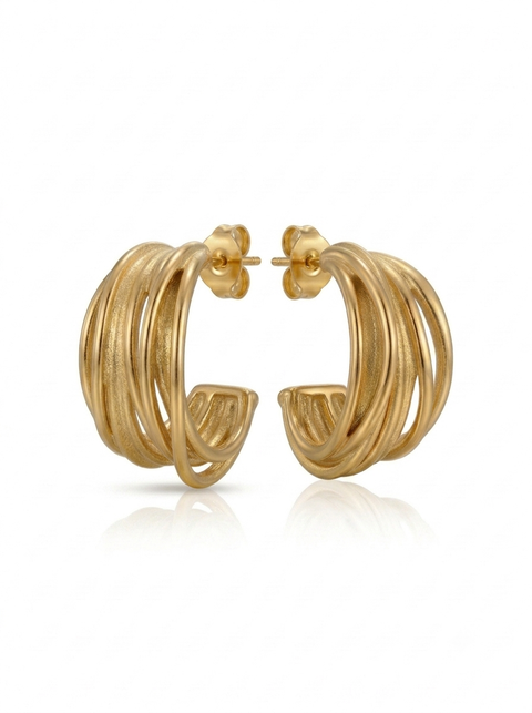 A pair of gold hoop earrings with a textured, layered, twisted design, displayed on a clean white background with a soft reflection below.