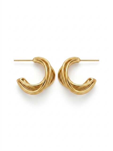 A pair of gold-toned twisted hoop earrings with flat post backs, displayed on a clean white background.