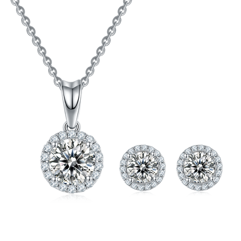 Round Brilliant Halo Classic Necklace Earrings Set